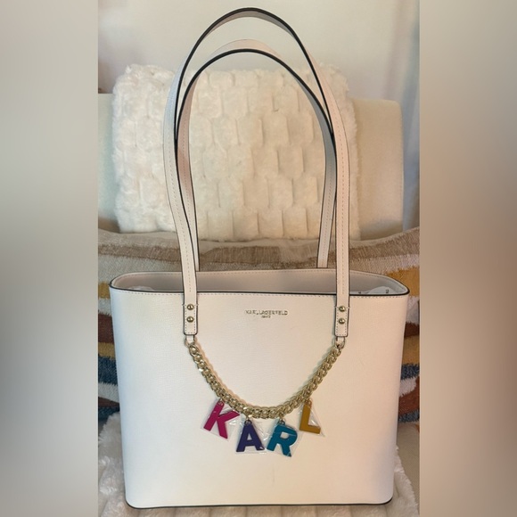 Karl Lagerfeld Paris Maybelle Tote Bag White Gold Chain Charm NWOT - Picture 3 of 11